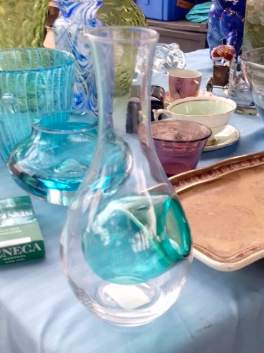 Hand-blown art glass carafe with blue swirl design