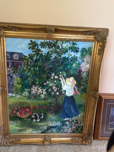Oil painting depicting a young girl in a garden with flowering trees