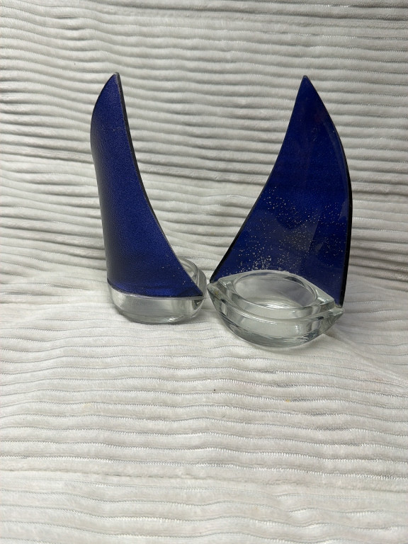 Glass sailboat sculpture pair titled 'Blue Sailboats'