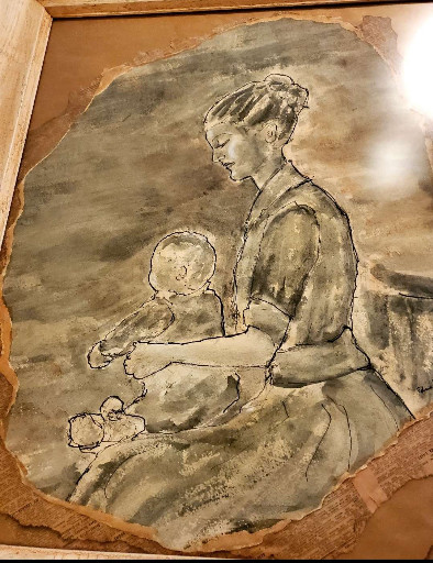 Ink and wash drawing depicting mother and child
