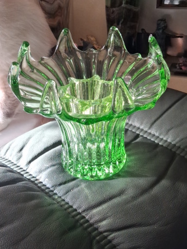 Uranium glass vase with flower frog by Sowerby Glass