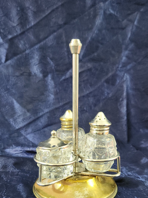 Silver-plated crystal condiment set with brass stand by Celtic Quality Plate with revolving stand. Made in England.