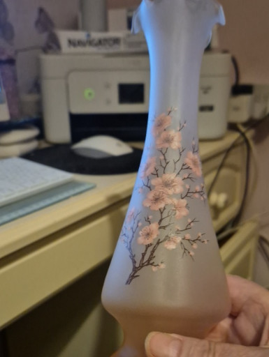 Frosted glass vase with hand-painted pink floral decoration