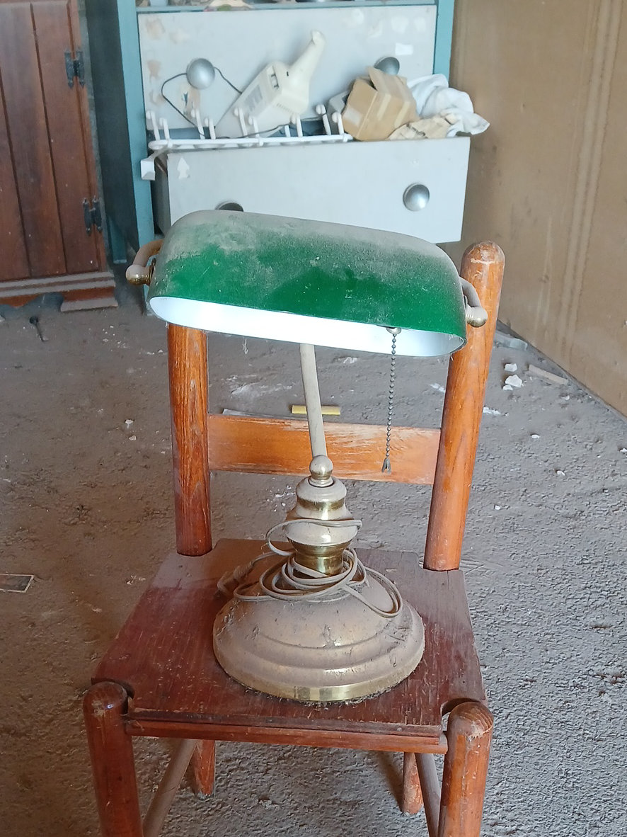 Brass banker's lamp with green glass shade