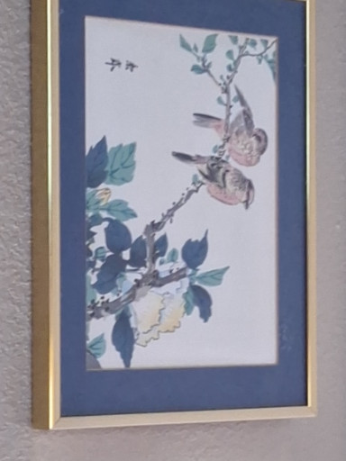 Watercolor painting on paper depicting birds on a flowering branch, Chinese or East Asian style