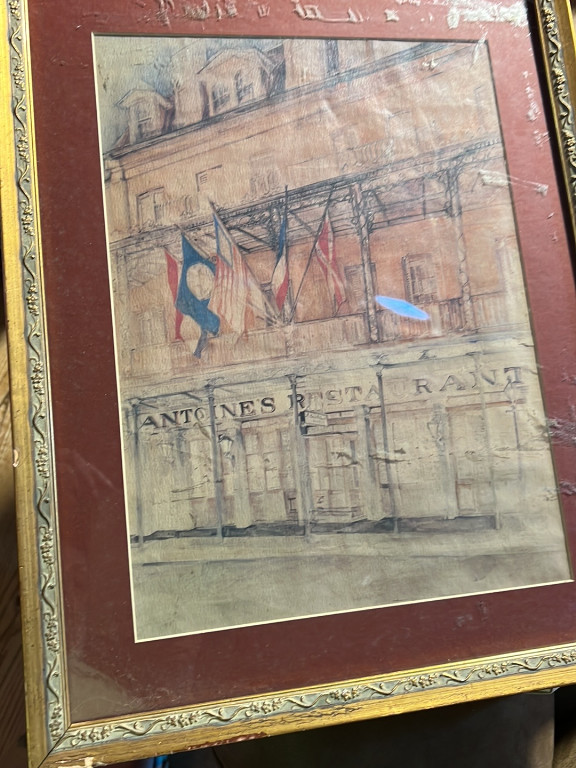 Watercolor or pastel painting depicting Antoine's Restaurant in New Orleans