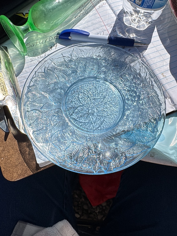 Pressed glass dinner plate in ice blue with 'Della Robbia' fruit pattern by KIG Indonesia