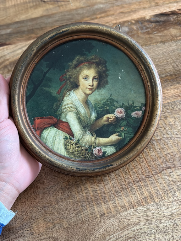 Miniature portrait painting of a young woman with roses in Italian frame, 18th-century French style