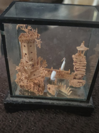 Chinese cork carving diorama in glass case depicting a pagoda landscape scene