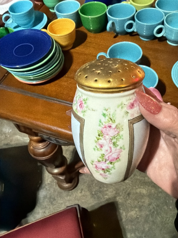 Porcelain sugar shaker with hand-painted pink roses and brass-plated perforated lid