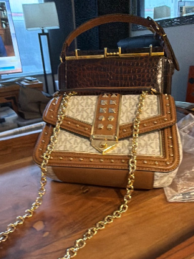 Michael Kors Soho studded logo shoulder bag in brown leather and signature canvas
