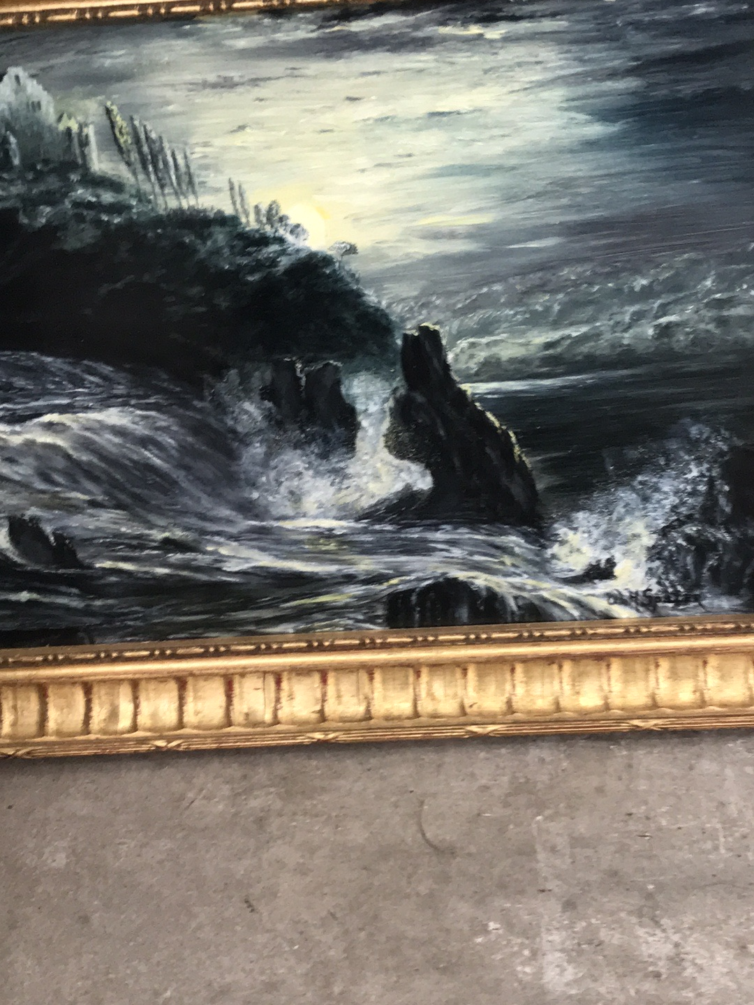 Oil painting titled 'Stormy Seascape' in gilt frame