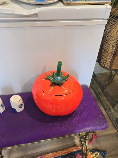 Ceramic tomato-shaped cookie jar or canister, marked 'USA J-114'