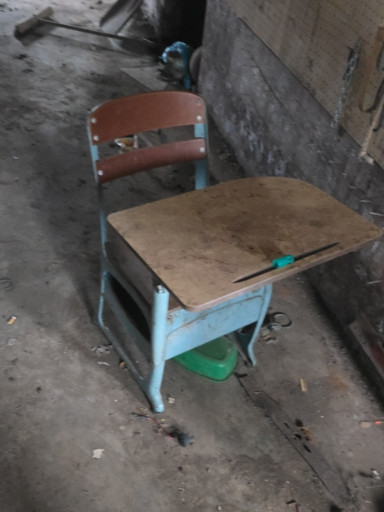 Vintage metal and wood school desk with attached seat