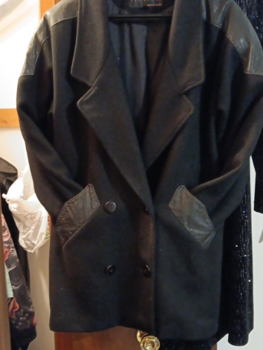 Vintage 1980s black wool blend double-breasted coat with leather trim by David Benjamin Collection