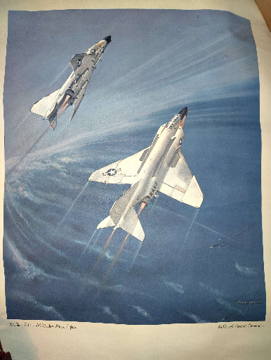 Vintage aviation print depicting two U.S. Navy F-4 Phantom II fighter jets in flight