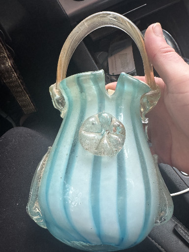 Blue opalescent glass basket with coin dot pattern and applied clear glass handle
