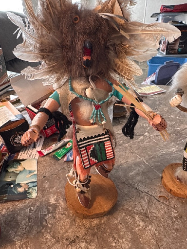 Carved wood Navajo Owl Kachina doll with feather headdress and traditional regalia