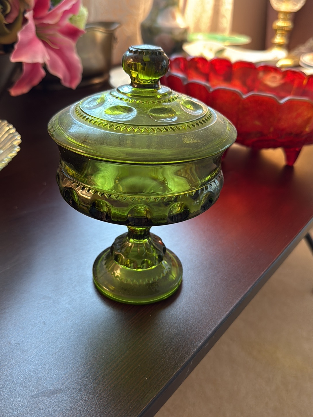 Green glass 'Kings Crown' lidded compote by Indiana Glass