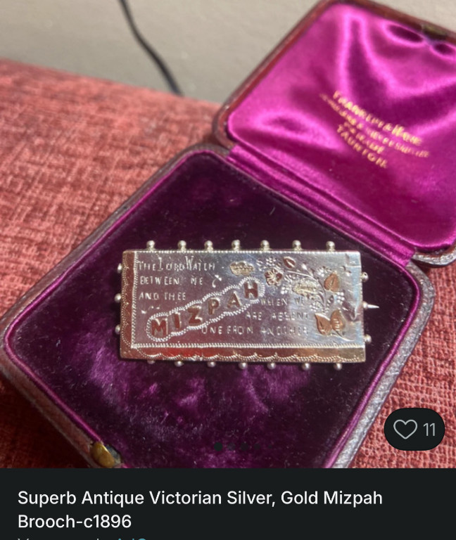 Silver and gold Mizpah brooch in original presentation box, circa 1896