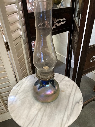 Iridescent art glass oil lamp with clear glass chimney