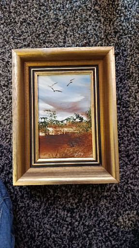 Oil painting on board titled 'Australian Outback Landscape' by Jim Crofts