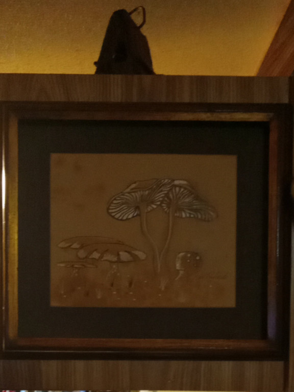 Copper relief artwork of mushrooms in wooden frame
