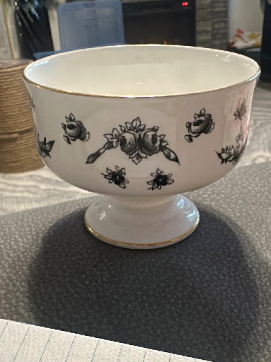 Fine bone china footed dessert bowl with black rose and bow decoration by Royal Victoria