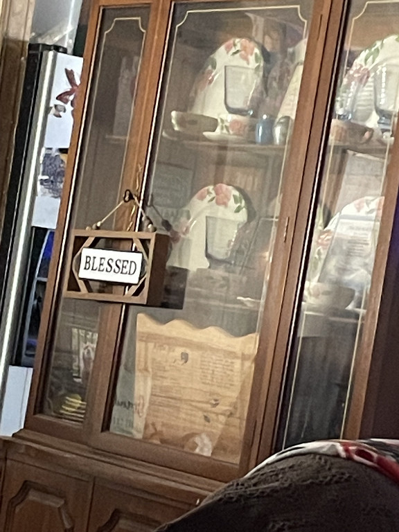 Mid-century modern wooden display cabinet with glass doors and interior lighting