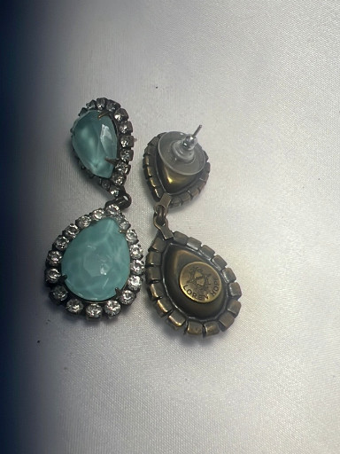 Contemporary fashion drop earrings with aqua chalcedony-style stones and crystal accents by Loren Hope