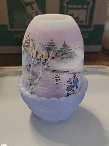 Hand-painted frosted glass fairy lamp with winter ice skating scene by Fenton