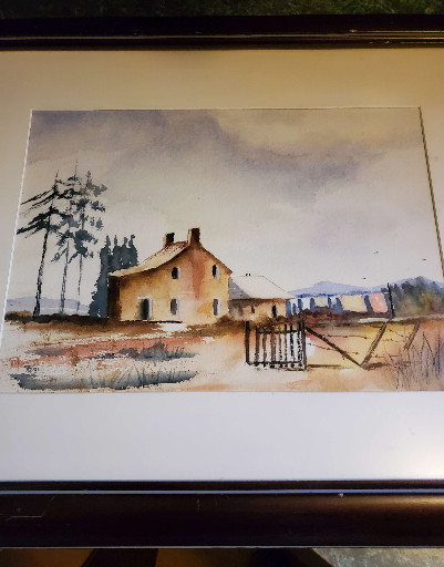 Watercolor painting depicting a rural farmhouse with trees and fence