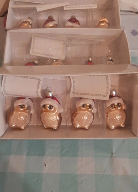 Boxed set of glass Christmas ornaments featuring brown owls with Santa hats