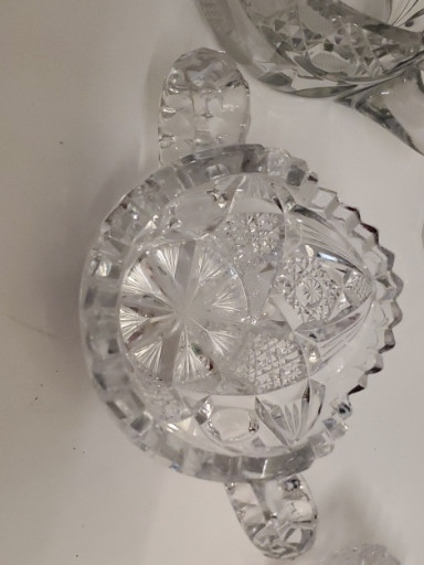 Pressed glass sugar bowl with sawtooth rim, likely Imperial Glass 'Nu-Cut' pattern