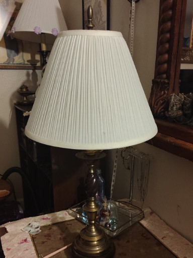 Pair of brass table lamps with pleated fabric shades