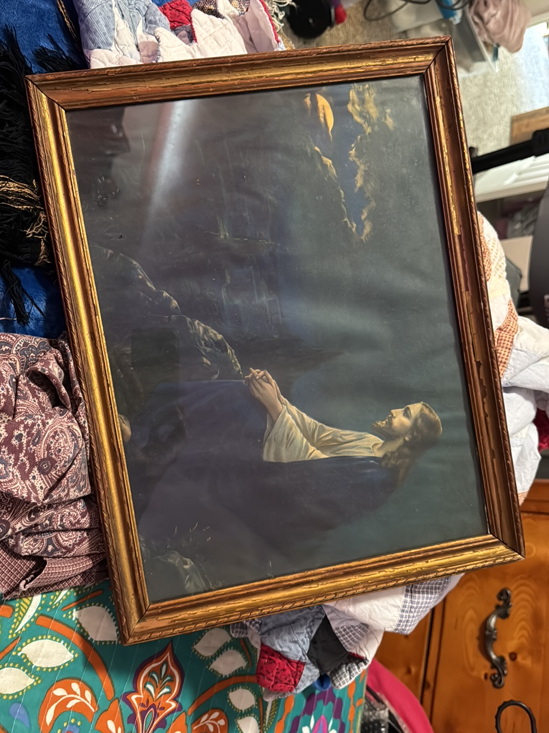 Lithograph print titled 'Jesus on the Mount of Olives' in gilt wood frame