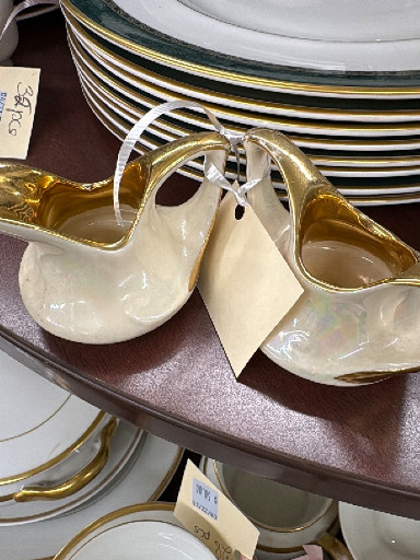 Iridescent lusterware creamer and sugar bowl set with 22K gold trim by Pearl China Company