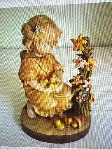Hand-carved wood figurine titled 'Girl with Chicks' by Dolfi/Lisi Martin
