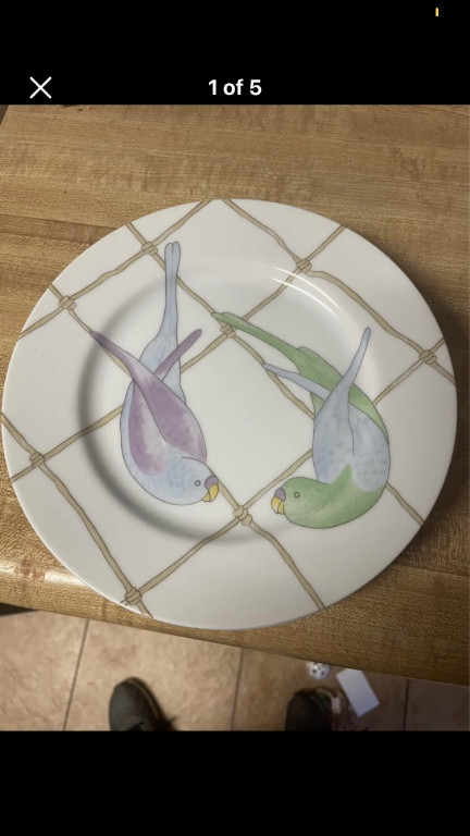 Porcelain salad plate from 'Pastel Parakeets' pattern by Fitz and Floyd