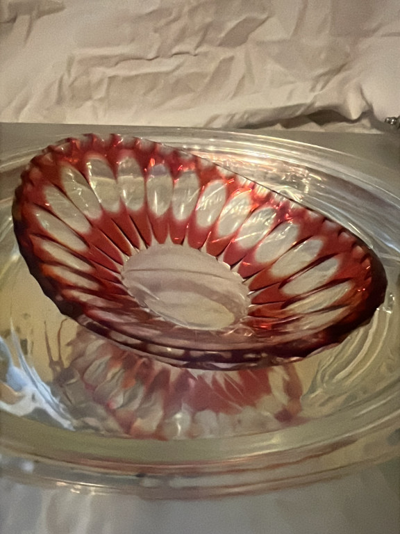 Ruby-flashed cut-to-clear glass bowl with radial swirl pattern