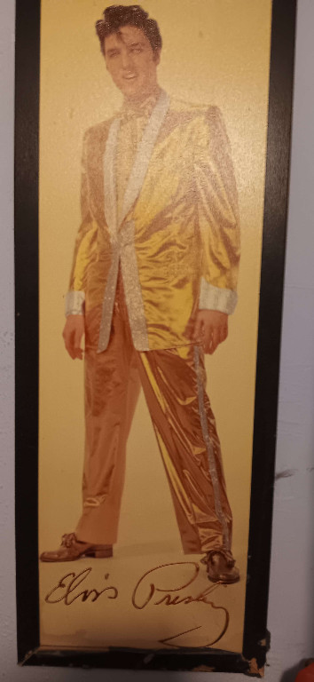 Framed print of a famous musician in a gold lamé suit with signature