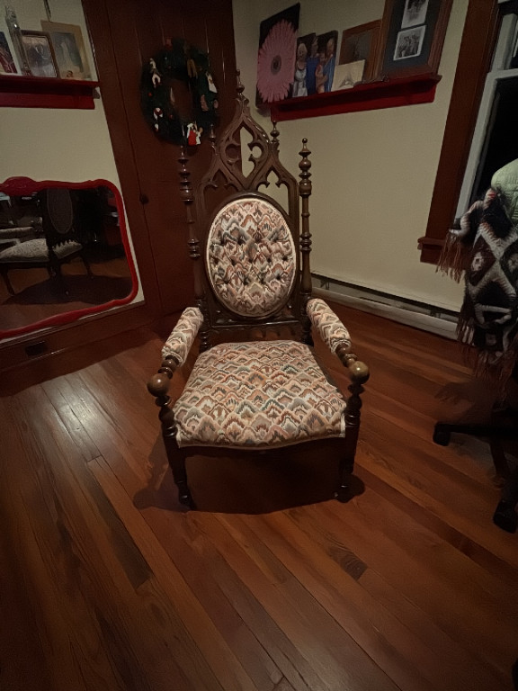 Walnut Gothic Revival throne chair with needlepoint upholstery