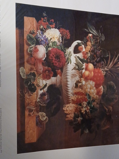 Reproduction print of oil painting titled 'A Classical Urn with Gooseberries, Apricots, Currents, Cherries, Peaches and Pineapple' by Johan Laurentz Jensen