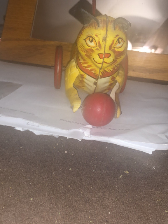Tin lithographed wind-up toy cat with ball by Mar Toys