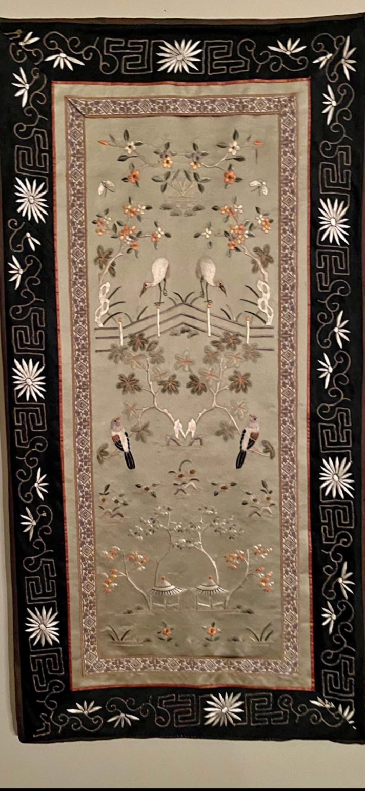 Silk embroidered panel with birds and floral motifs from China