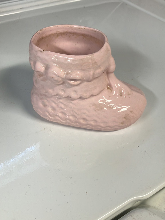 Pink ceramic baby boot planter