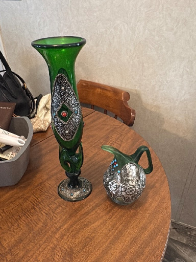 Bohemian emerald green glass vase with sterling silver overlay