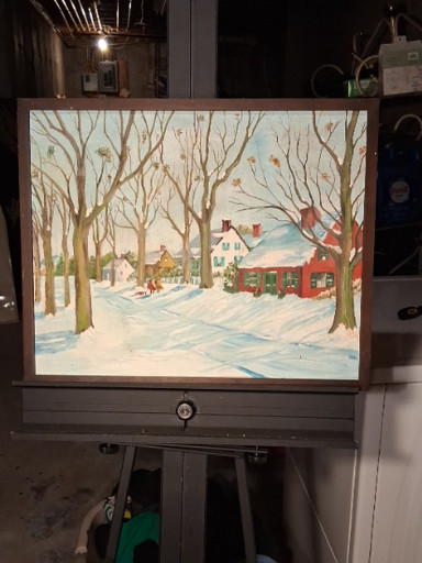 Oil on canvas painting titled 'Winter Village Scene' by Carleton