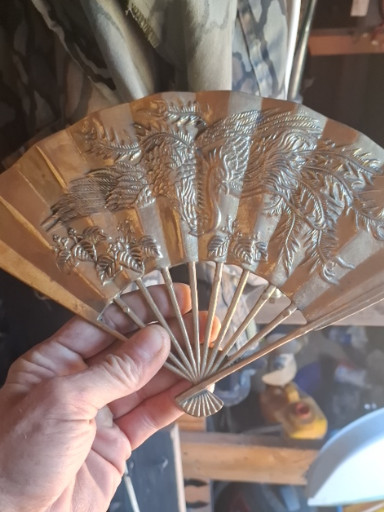 Brass decorative fan with embossed phoenix or peacock design