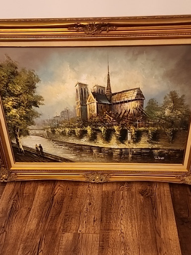 Oil painting depicting Notre-Dame Cathedral in Paris, mid-20th century